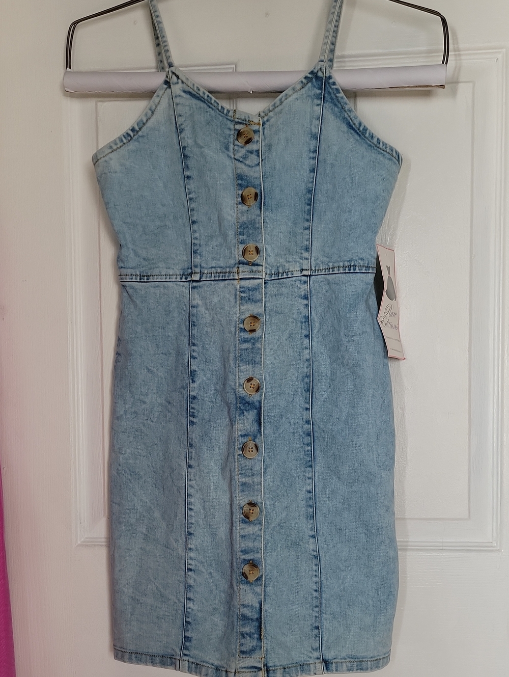 Light acid-wash denim mini dress by Rare Editions featuring a front button-down